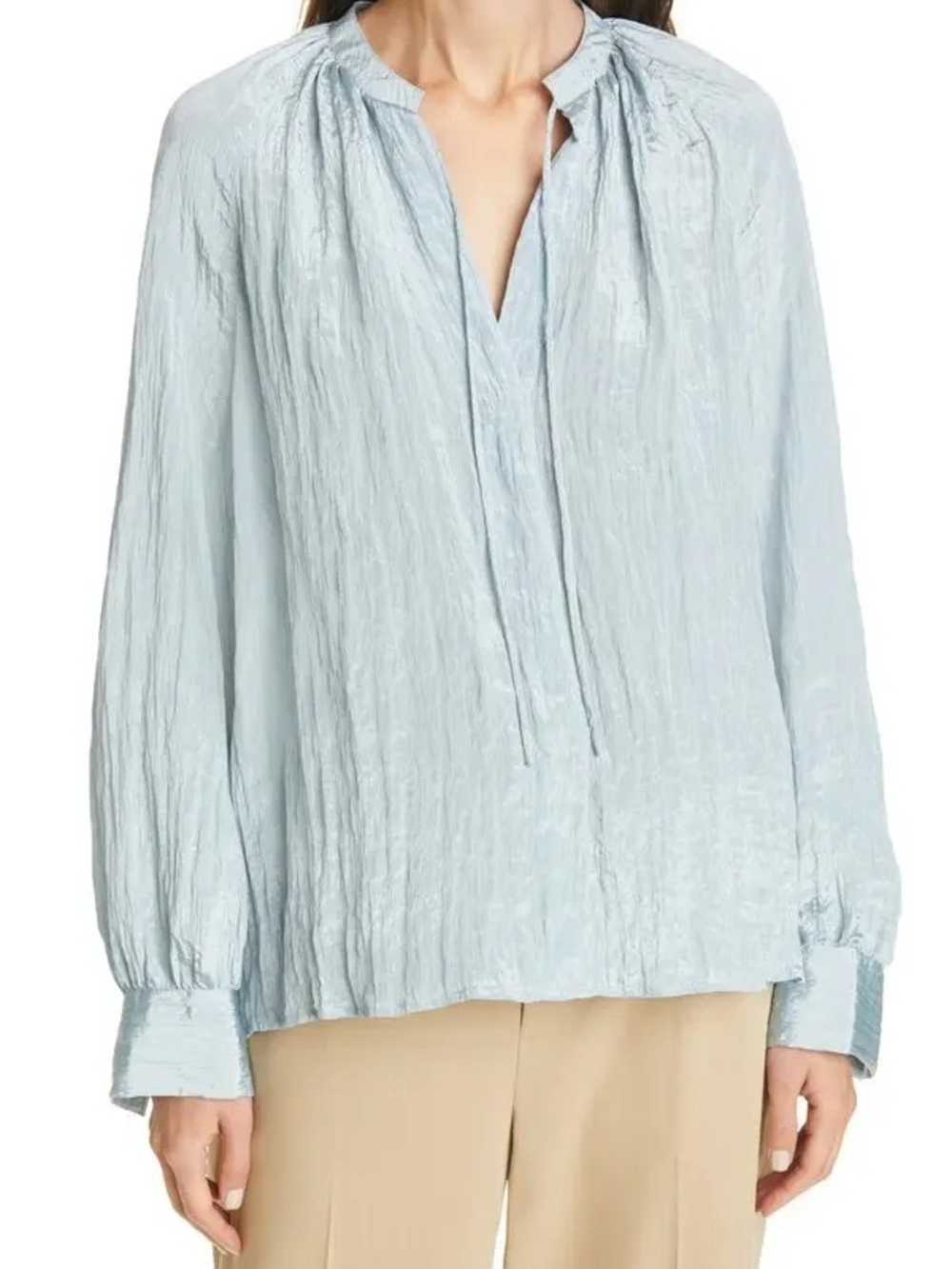 Vince Pale Blue Crinkled Long-Sleeve Blouse